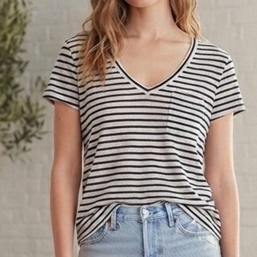 PAIGE Women Navy White Striped 100% Linen V-Neck Pocket T-Shirt‎ Tee Small